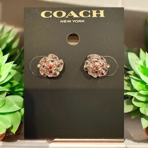 Coach silver tone pink & red rhinestone rose earrings EUC